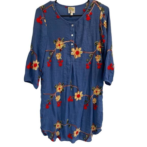 Figueroa & Flower Embroidered Boho Shift pullover Dress S Blue Rayon W/Belt - Picture 2 of 10